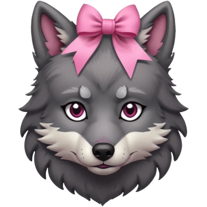 sad 🥺 cute dark grey wolf with a pink ribbon ion his head emoji