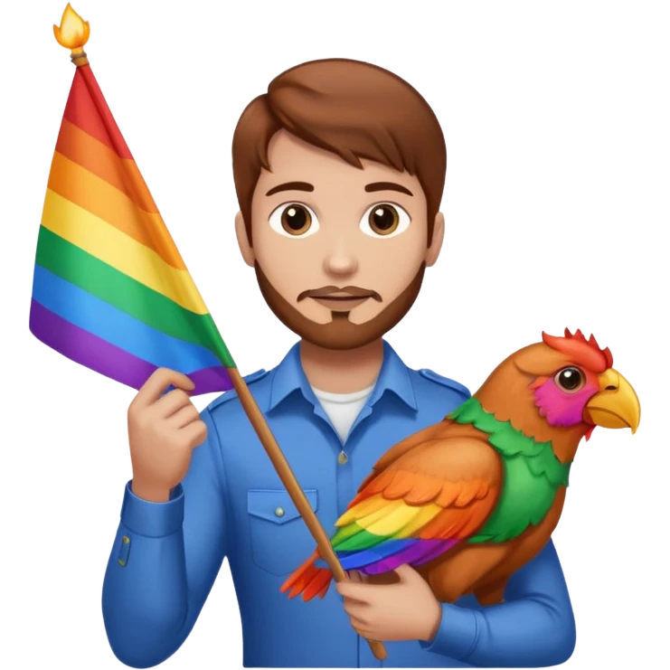 Guy with brown hair holding buffalo chicken and a gay pride flag emoji