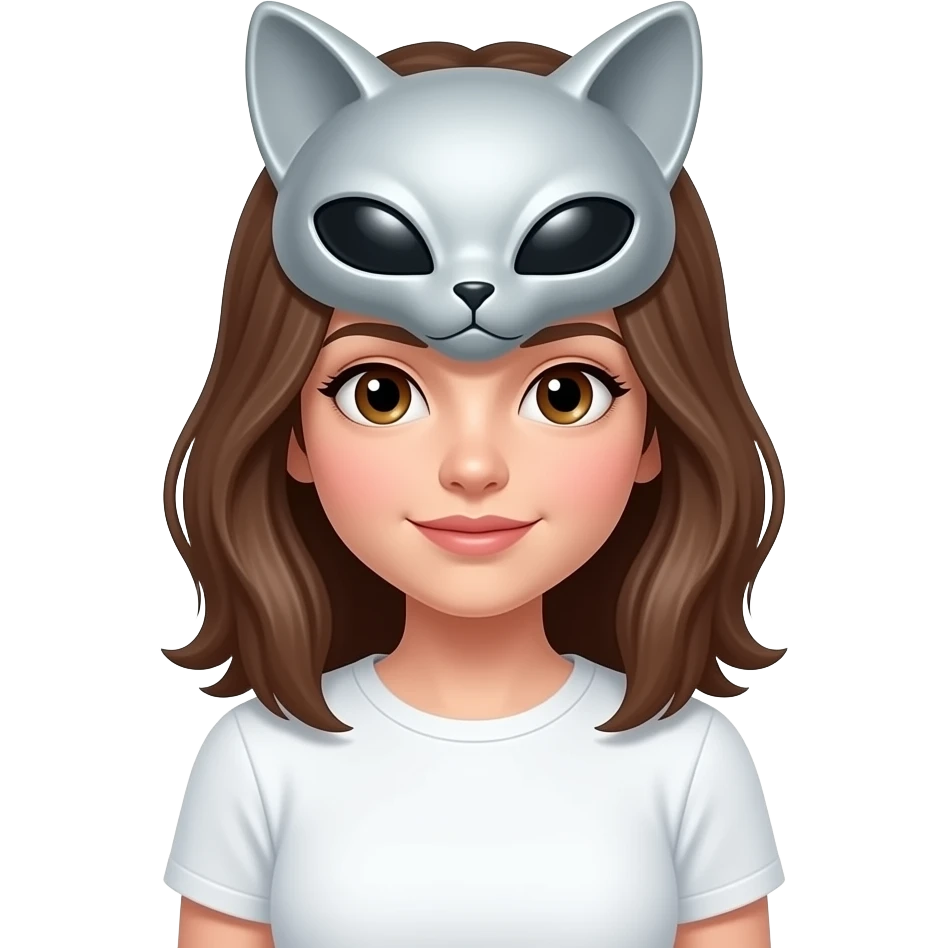 A girl wearing a alien cat cat mask on her face with brown hair and brown eyes with a blank white shirt, the mask coverian only her forhead, nose and eyes emoji