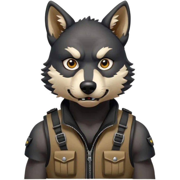 A full black anthropomorphic wolf with white marks, he is wearing a rubber like dog muzzle, and his ears are standing up with a variety of piercings. He has a black tactical vest on, and he is in a grumpy mood, his arms just hanging by his side emoji