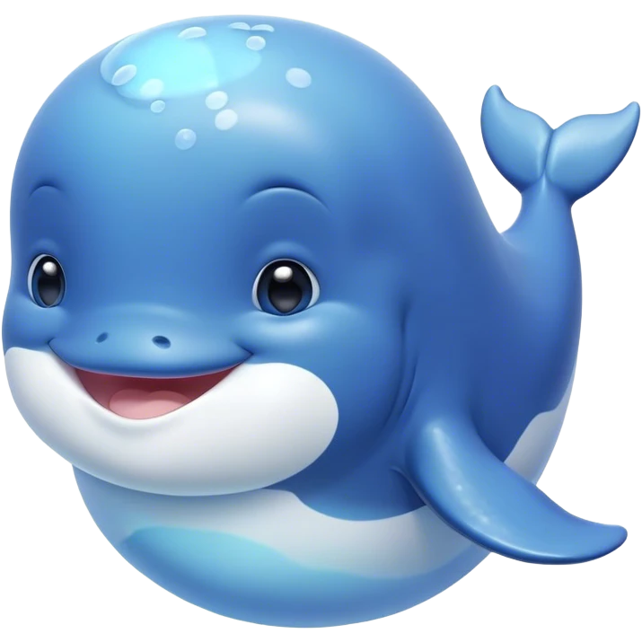 Cinematic happy baby whale, chubby rounded body, tiny smiling face, soft pastel blue hues, gentle glowing waves around, joyful and soothing. emoji