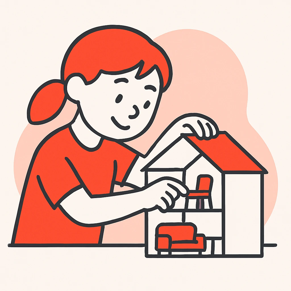 smiling girl arranging furniture in doll house emoji