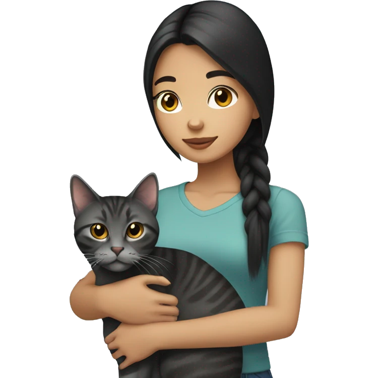 teenage girl with black straight hair holding a dark grey tabby cat emoji