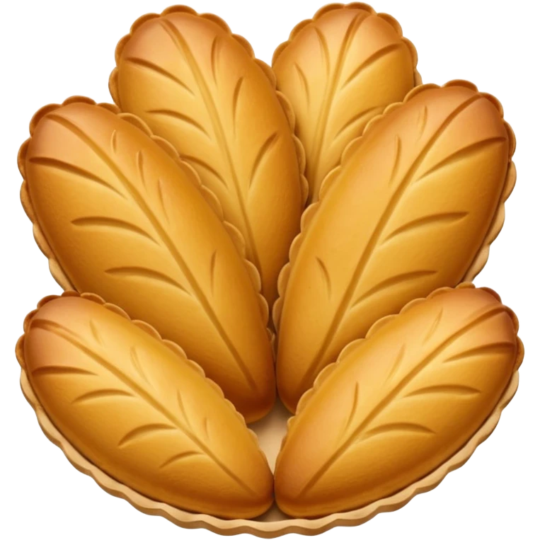 A madeleine pastry. Oval shaped with four to five vertical lines going in the same direction. Scalloped seashell shape. Light golden brown. Scalloped edge. Cookie. Flat. emoji