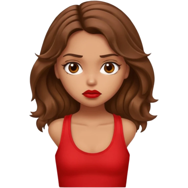 generate a pretty tan bratz girl with brown wavy hair long wearing a red tank top, red lipstick. Looking sad emoji
