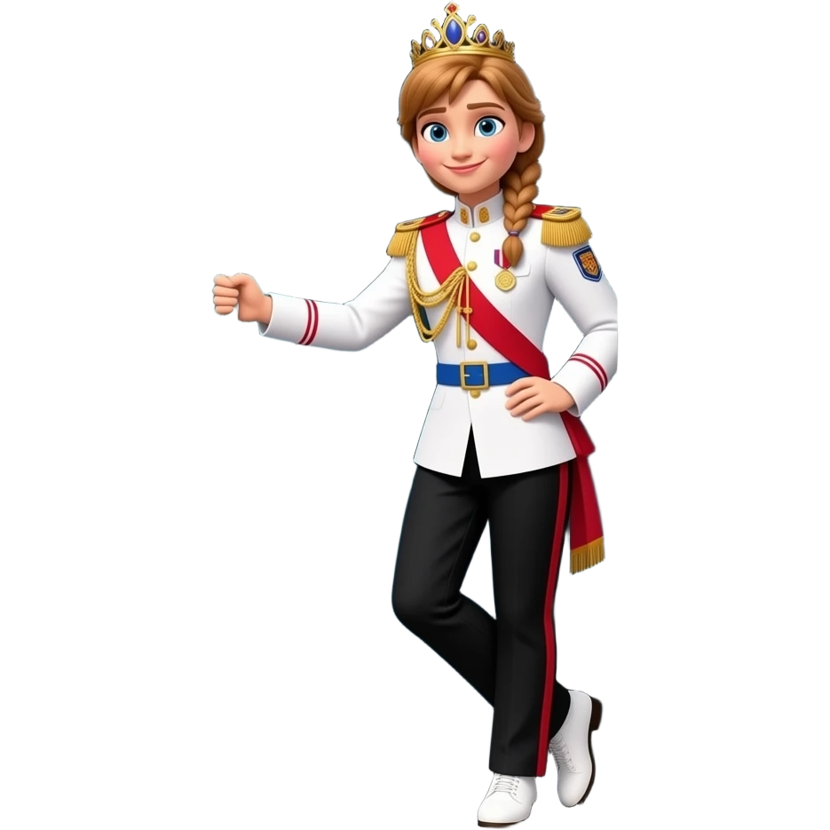 Elsa and Anna arendelle from disney frozen movie are same wearing gold tiara white military tunic arm badge shoulder cord medal red sash blue belt black trouser with both side red stripe white shoes and they both lean out of kolkata Indian suburban passenger train door in Sodpur West Bengal India emoji