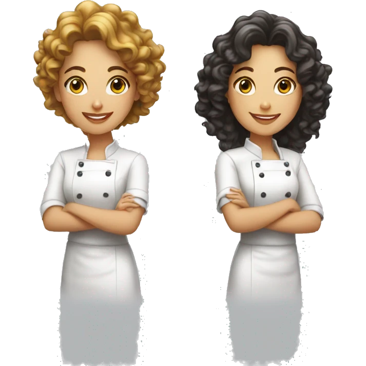 Two female cooks for a logo. The first one has short dark curly hair. The second one has medium-length golden curly hair. emoji