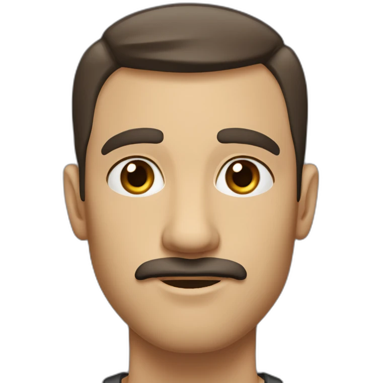 White man with dark brown short shag haircut, thick eyebrows, soulful brown eyes, large ears, pronounced cheekbones, and a simple moustache. emoji