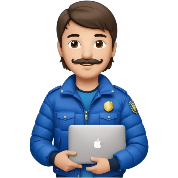 generate an ios genmoji of a 20 year old boy with shoulder length hair and a mullet. cop mustache. carrying a macbook and wearing a puffer jacket emoji