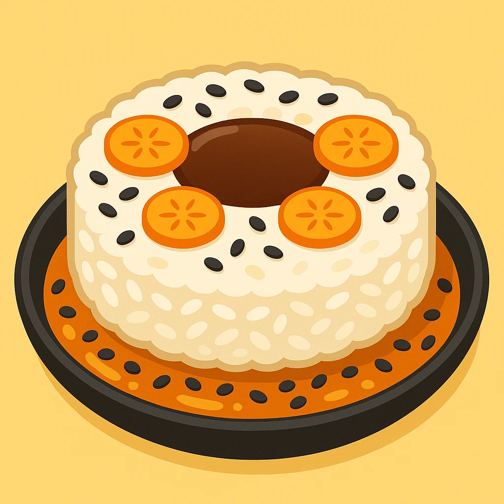 A dish of rice topped with black sesame seeds and soy sauce, emoji style. emoji
