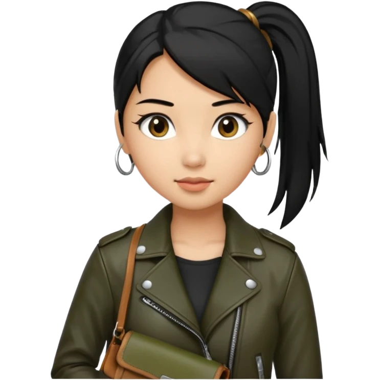 A girl with a pony tail black hair and olive ish skin, Asian eyes, with a black jacket and a brown purse  emoji