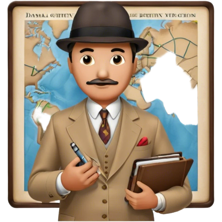 A cinematic-style frame showing Hercule Poirot in his iconic suit with a notebook in a dramatic detective pose. Background should be mysterious city, map, a board with photos of suspects, clues like fingerprints. Transparent background. emoji