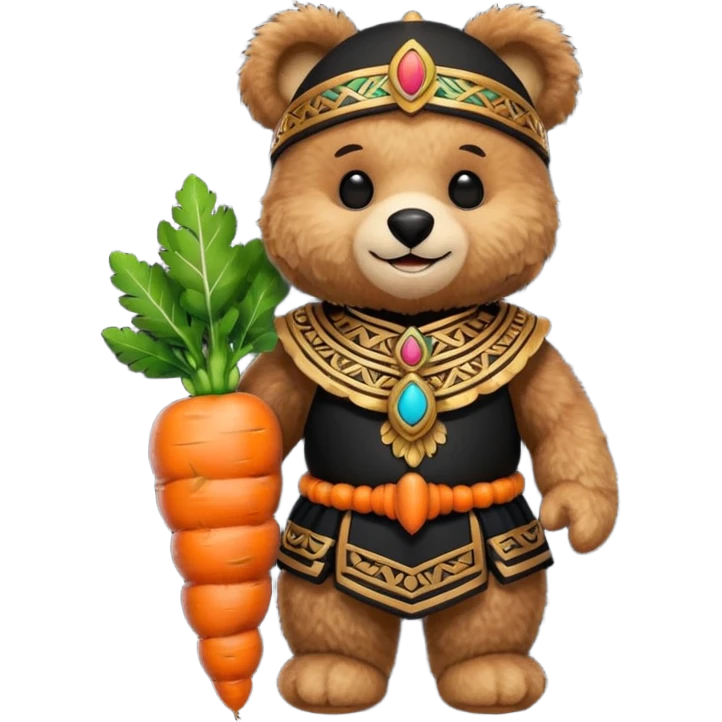 teddy bear, wearing black mayan ancient custome, with carrot half body emoji