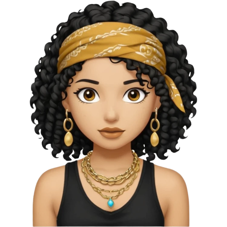 Baddie girl with black  tank top curly hairss and bandana and jwellery face only not body emoji