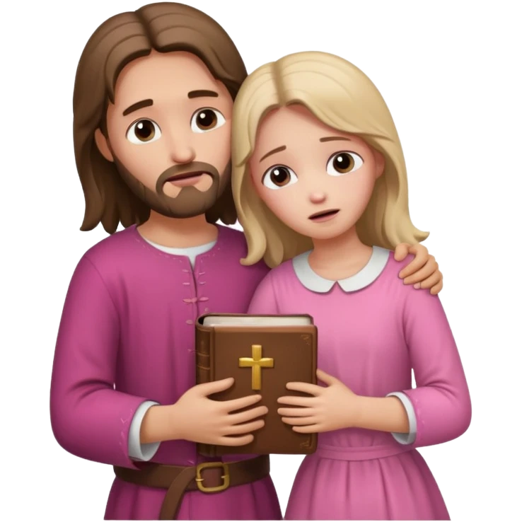 Jesus hugging a girl wearing a pink dress holding a Bible, crying emoji