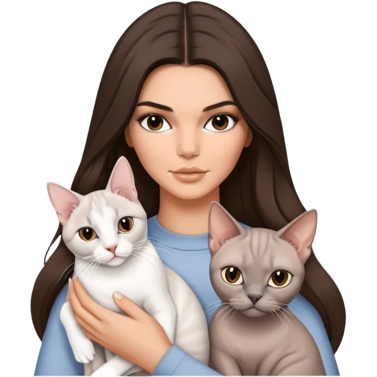brunette Kendall Jenner with long hair holding on the hands a british white british cat and a grey Sphynx cat emoji