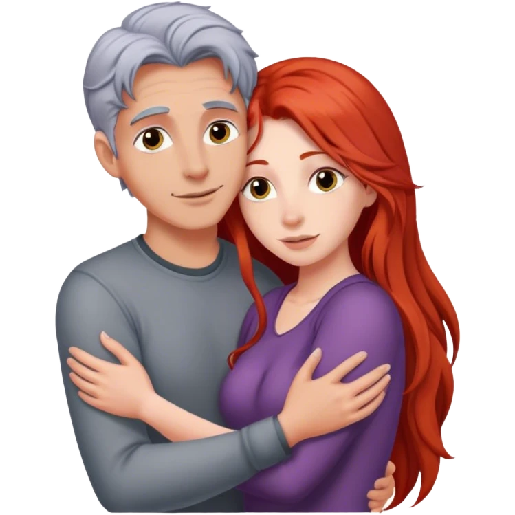 Long red hair woman and young gray hair man hugging emoji