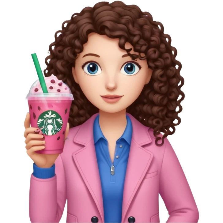 make an emoji of a curly brunette blue eye girl wearing light pink drinking a strawberry acai refresher from starbucks emoji