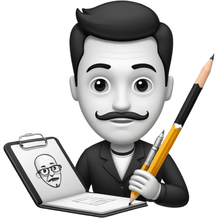Create an icon representing the process of creating a black-and-white caricature. Include a pencil, a sketchpad with a humorous, exaggerated figure, and inking tools. Use bold lines and shading, with a transparent background. emoji