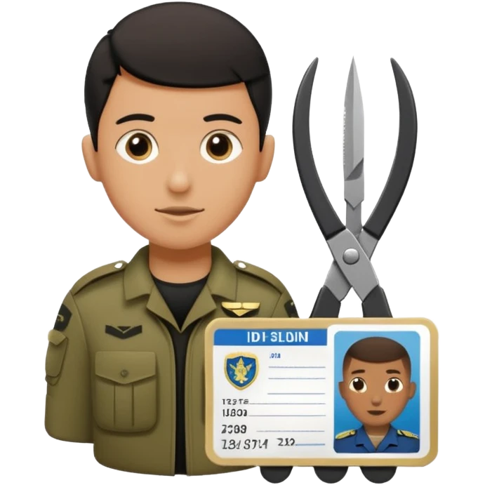 Floating black Scissors cutting in half an idf soldier ID card with a little chip in 2 parts emoji