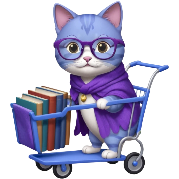 Purple and blue cat with reading glasses and a shawl, pushing a cart full of books emoji