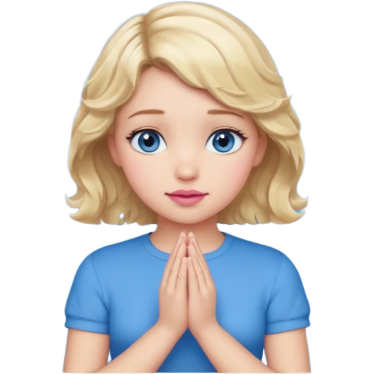Girl Blonde short wavy hair,  blue eyes, cute blue top, long lashes, pink lips, praying hands emoji