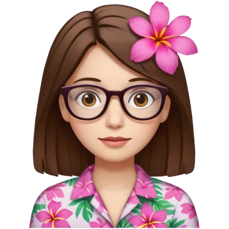 female with white skin. Shoulder length straight brown hair. Brown eyes with glasses. Hawaiian Flower in hair emoji