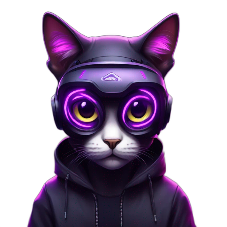 Russian cat wearing a black hoodie with "OMG" letters on it and VR headset in a cyberpunk VR environment with violet neon lighting. emoji