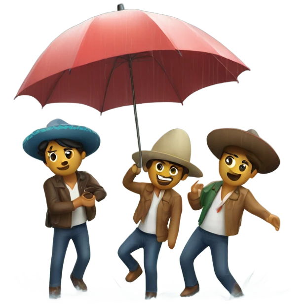 4 mexican friends with umbrella playing with a ship in the rain emoji