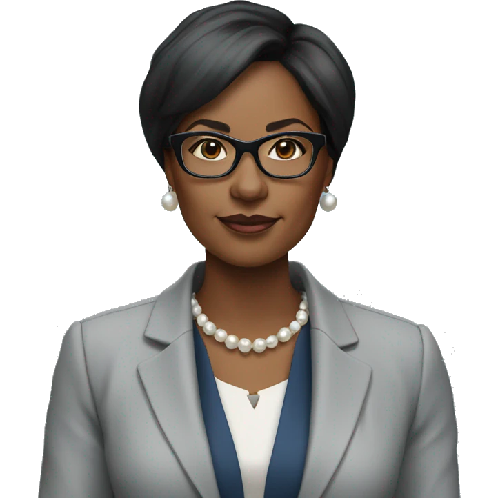 black woman ceo, black glasses, straight hair, blue blazer, pearl necklace emoji