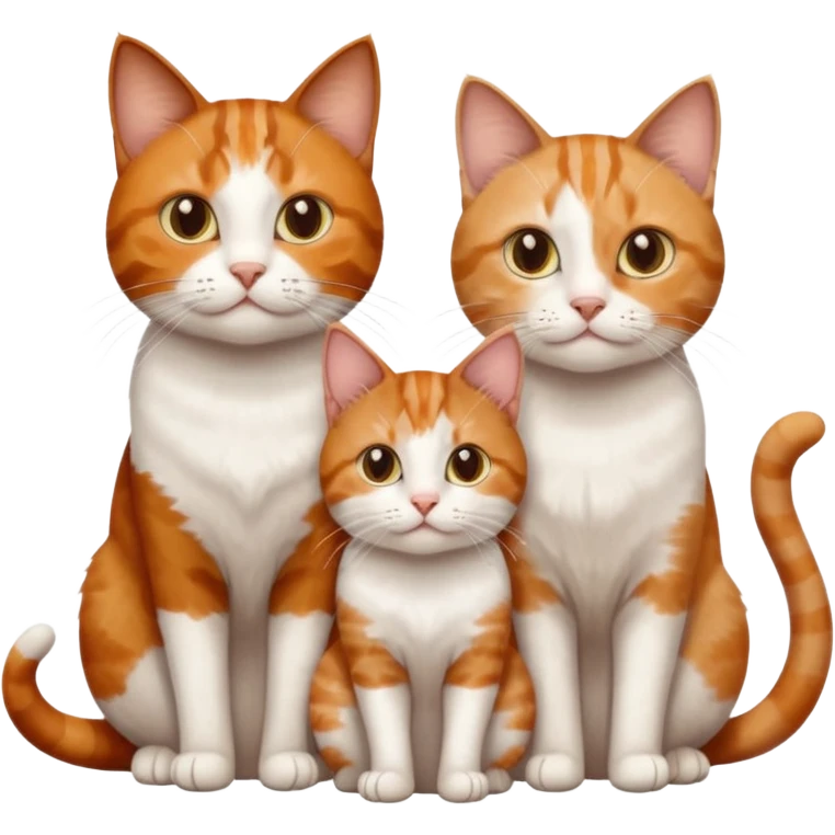 3 sibling cats all different natural colours; 1 is ginger and white, the next is brown tabby and white and the third is a calico emoji
