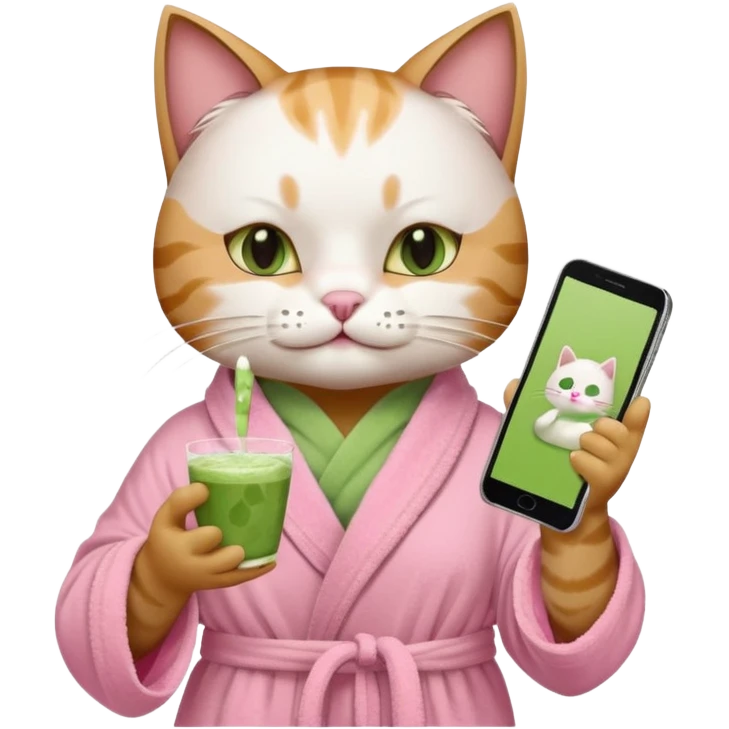 I want a CAT whit a iced macha on her paw and i want her to ne wearing a pink bath rope And she will have a  white face mask on her face and phone on the opisite paw whit the macha emoji