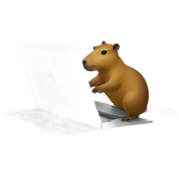 Capybara with a Macbook in the bathroom, around a duck emoji