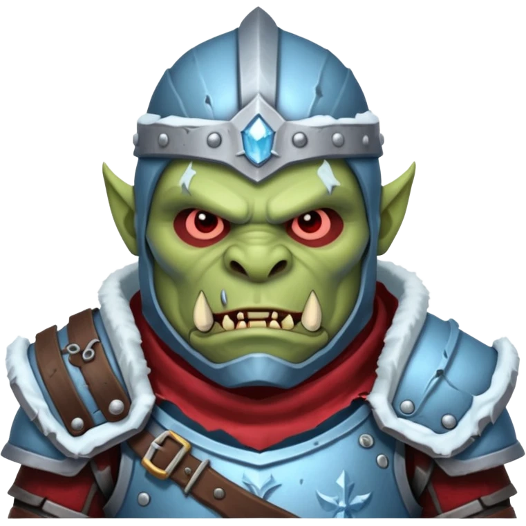 
Fantasy Christmas orc legion soldier icon, iron tundra army theme, heavy winter armor, disciplined brutal look, icy blue steel armor with deep crimson accents, frozen metal texture, cold winter atmosphere, male variant emoji