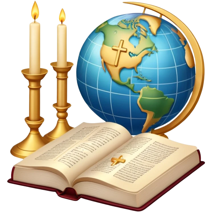 An icon featuring a holy book, a candle, and a cross, symbolizing religious studies. The design includes a globe with various religious symbols: a crescent moon and star (Islam), a lotus flower (Buddhism), representing global belief systems. Transparent background. emoji