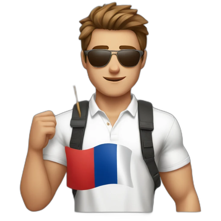 A young fit man with a white shirt and sunglasses on his hair with brown hair and a French flag in his hand emoji