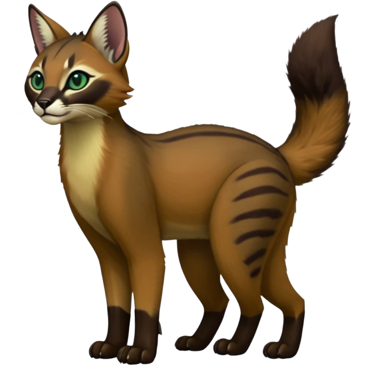Colorful dark tropical dusky-hunter-green and dark-brownish glorious divine exotic cute cool beautiful shiny beautiful fantasy-caracal-civet-genet-sergal-vernid-Cacomistle-oncilla-animal-Fakémon-hybrid-fursona (full body) emoji