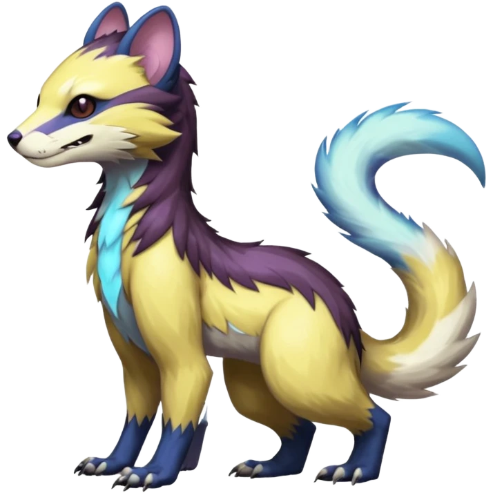 Colorful translucent luminescent glowing Trico-Sergal-Furret-Ferret-Wolverine-Vernid-furry-fursona-fusion-Fakemon-animal-hybrid-creature, full body emoji