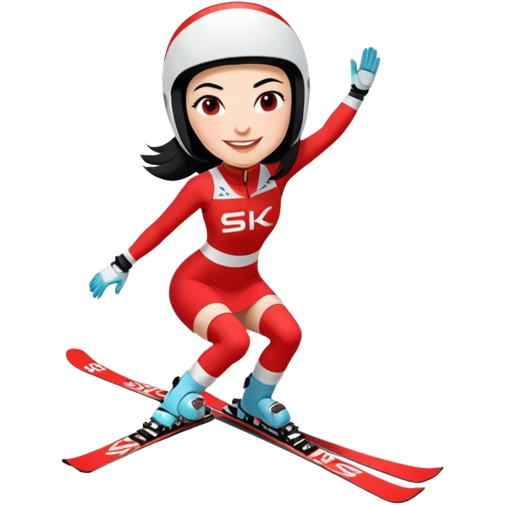 Ski racer downhill squat woman red white dress with the name Stephanie on the dress Ski Head lettering black hair smile emoji