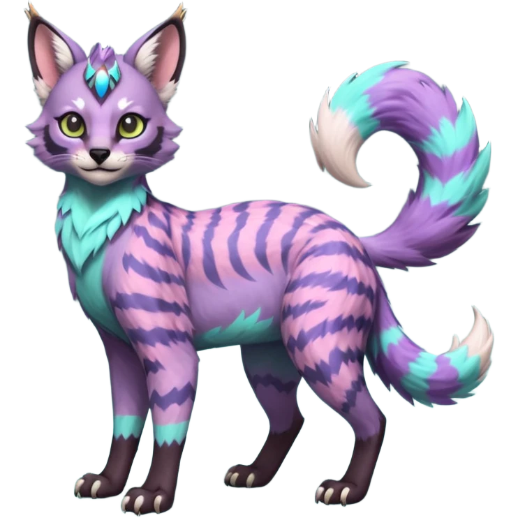Colorful furry happy cute floofy pale minty lilac onyx fruity glorious exotic neon vibrant zigzagged fantasy-caracal-civet-genet-sergal-vernid-Gryphon-Cacomistle-Trico-oncilla-animal-Fakémon-hybrid-fursona (full body), facial markings, (realism style) emoji