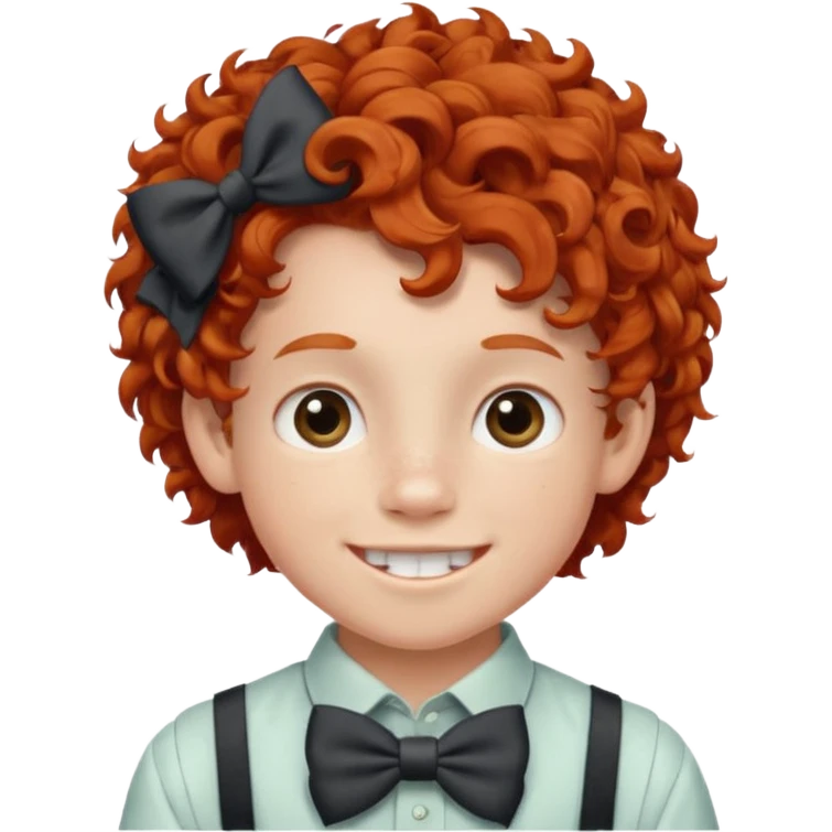 redhead kid with unique face features and very curly hair kid boy happy and braces on teeth, wearing a bow on head on hair just one bow emoji