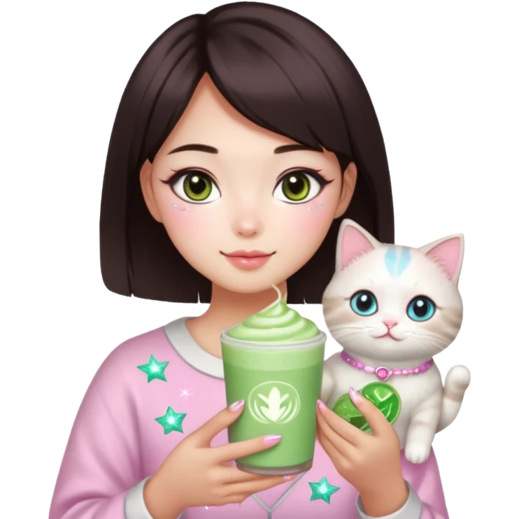 asian girl with short dark brown hair with a soft girl pink glowup aesthetic. matcha latte sparkles girly things, 2 ragdoll cats, skincare, makeup, money, luxury, add makeup and sparkles emoji
