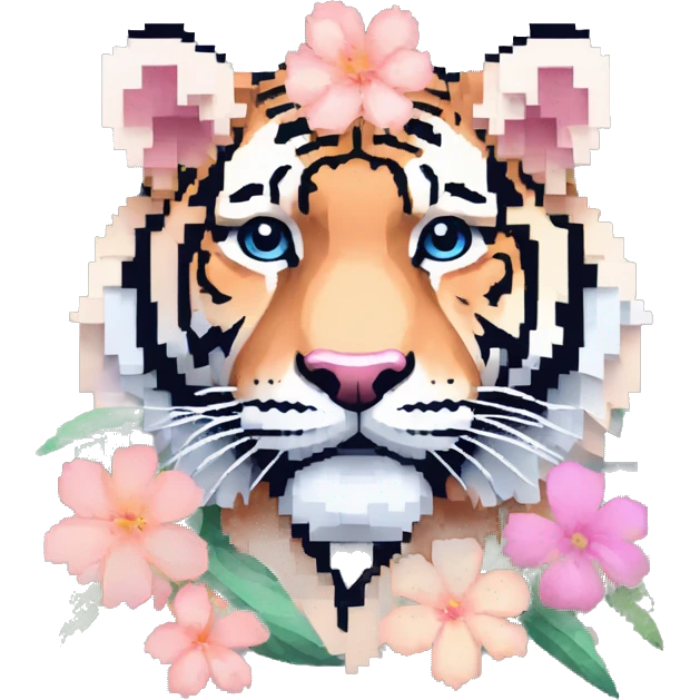 Pixel art of a pixel pink peach beige blue cream pastel pixel tiger wearing tropical flowers and leaves, flower crown, floral, pixel emoji