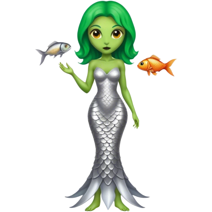 Green Alien woman with fish scales in silver dress, full figure, yellow eyes emoji