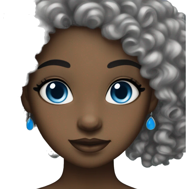 A Black girl, blue eyes, black curly hair, A nose ring, Earrings. emoji