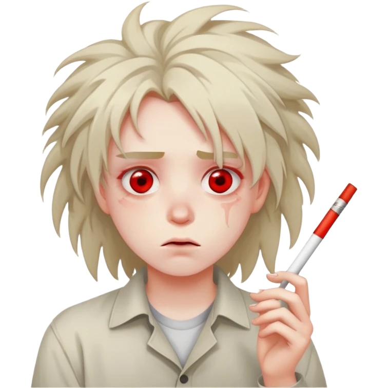 tired student with red eyes, messy hair, dazed expression, holding a joint emoji