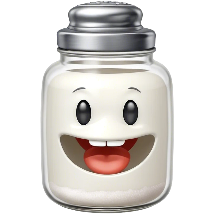 A mischievous anthropomorphic salt jar with transparent glass body and metal lid emoji