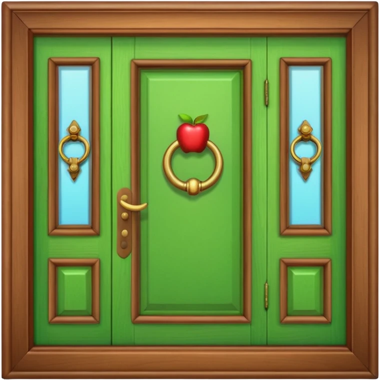 A wooden green door emoji in the style of Apple emoji with a handle, a window, and a knocker and a different color emoji