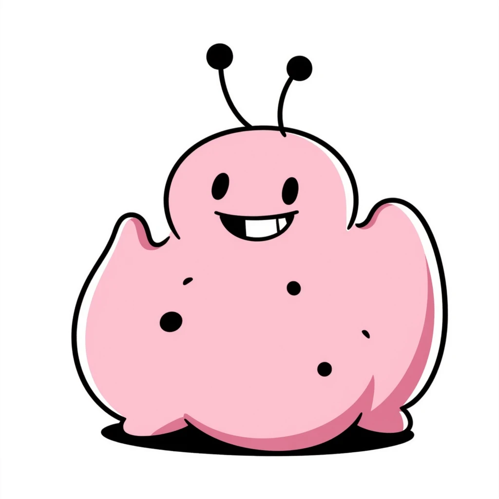 Majin Buu from Dragon Ball Z, pink blob monster with holes, antenna on head, mischievous smile emoji