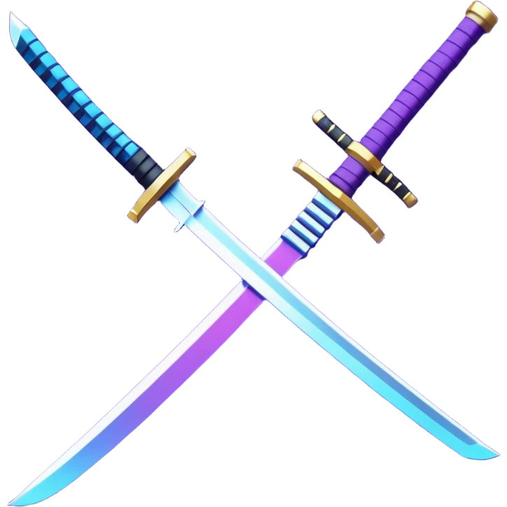 Animated emote: Katana breaking into pixels (purple/blue glitch effect). Loopable 3-frame animation. Minimalist, no background. emoji